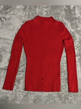 Cocovive Womens S Red Ribbed Mock Neck Knit Sweater Long Sleeve Fitted Top